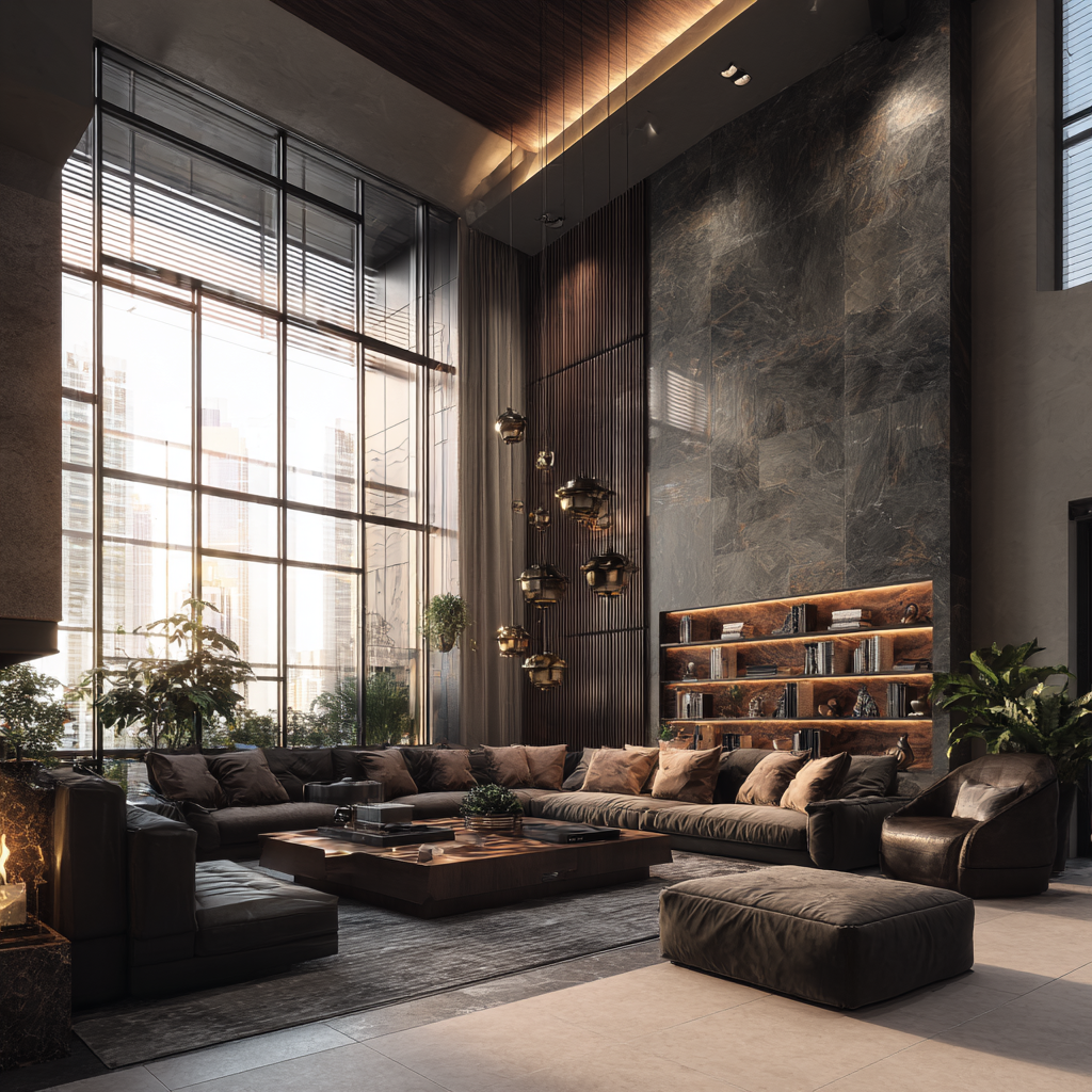 Luxurious apartment interior with city view